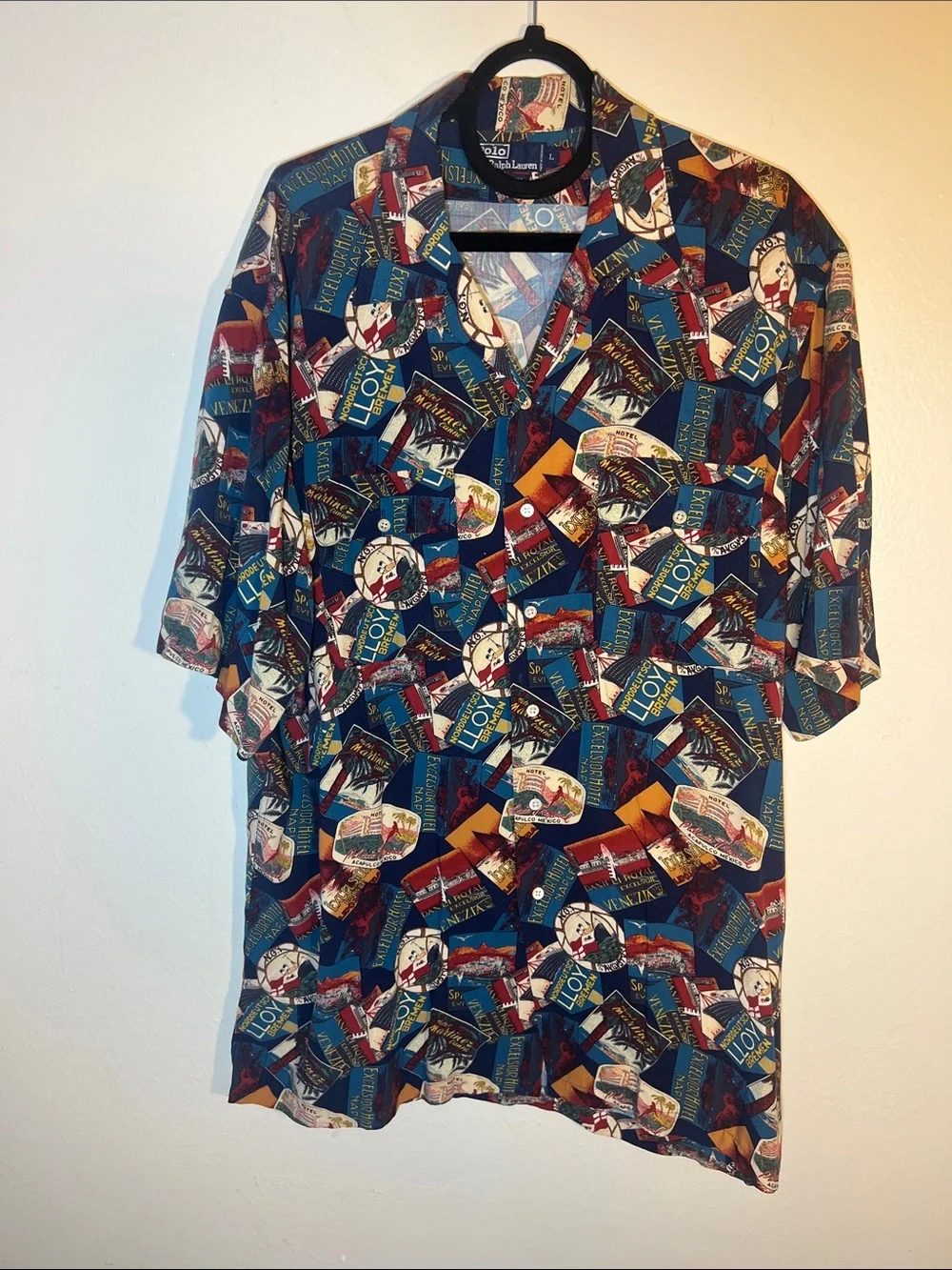 Polo by Ralph Lauren Vintage Multicolor Travel Patch Print Button-Down Shirt L